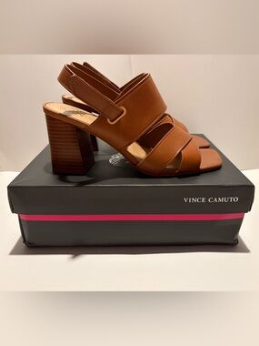 Vince Camuto Cognac Leather Strappy Block Heel Sandals